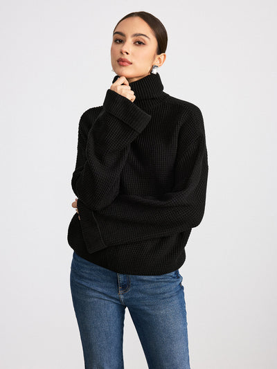 Turtleneck Waffle-Knit Long Sleeve Sweater