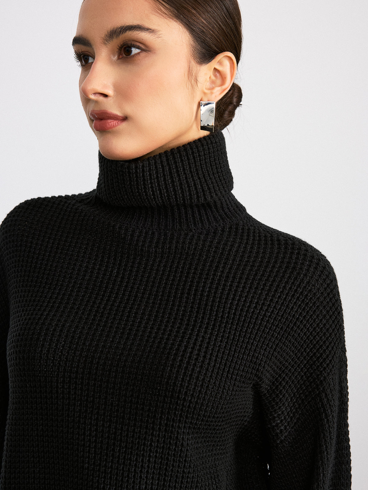 Turtleneck Waffle-Knit Long Sleeve Sweater