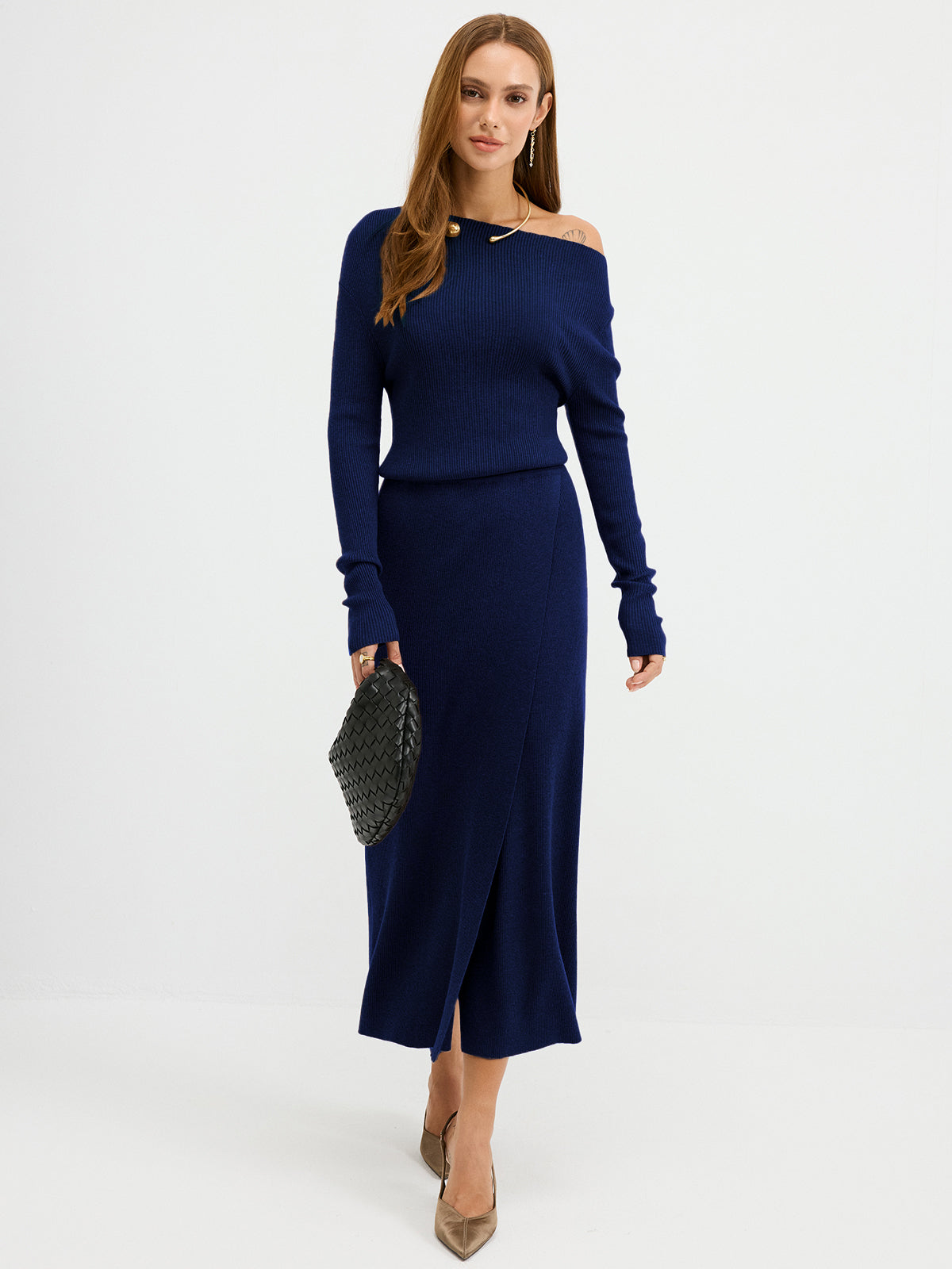 Off-Shoulder Ribbed Wool Blend Maxi Dress