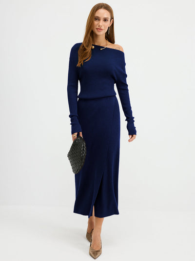 Off-Shoulder Ribbed Wool Blend Maxi Dress