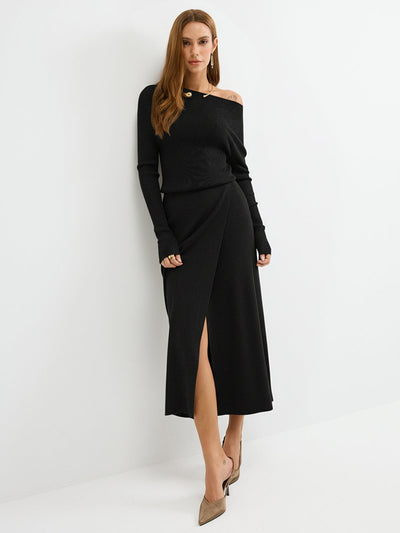Off-Shoulder Ribbed Wool Blend Maxi Dress