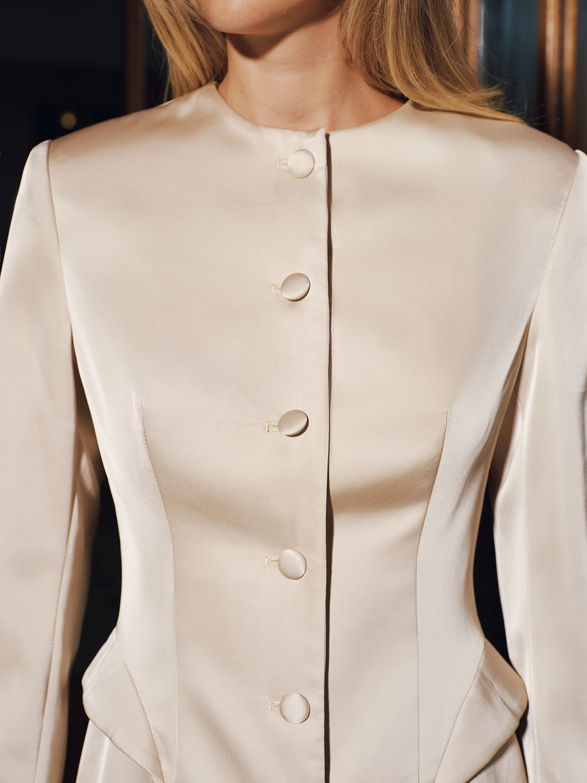 Button-Front Satin Mini Blazer Dress